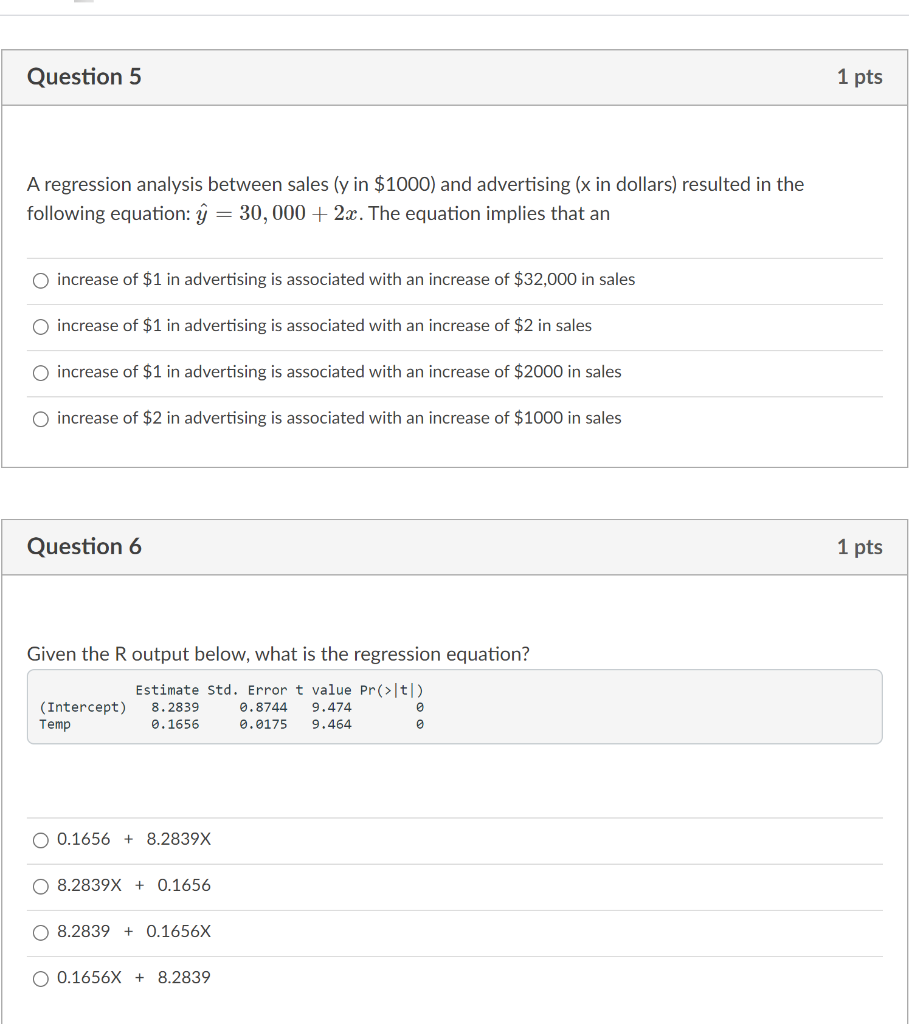 Solved Question 5 1 pts A regression analysis between sales | Chegg.com