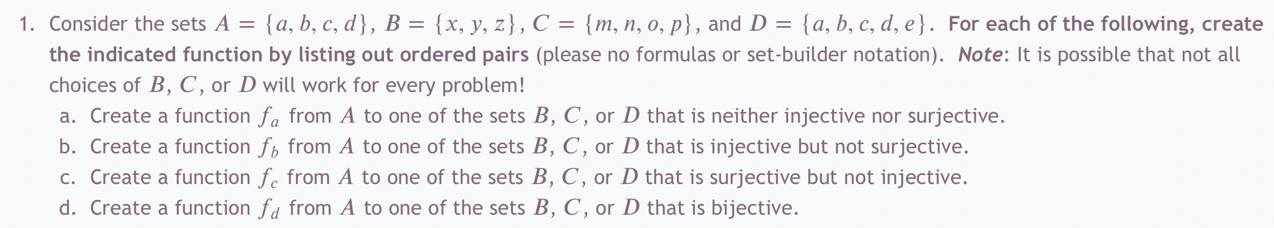 Solved Consider The Sets A={a,b,c,d},B={x,y,z},C={m,n,o,p}, | Chegg.com