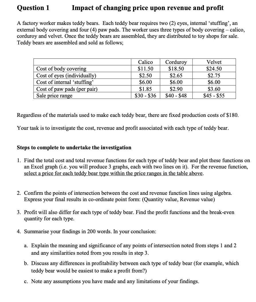 Solved Question 1 Impact of changing price upon revenue and