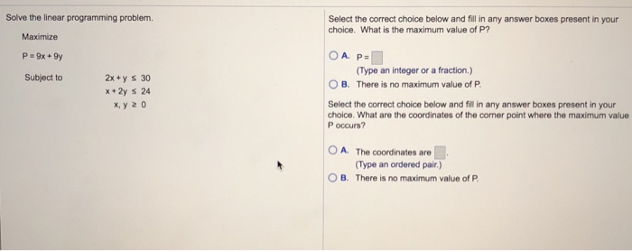 Solved Solve the linear programming problem Select the | Chegg.com