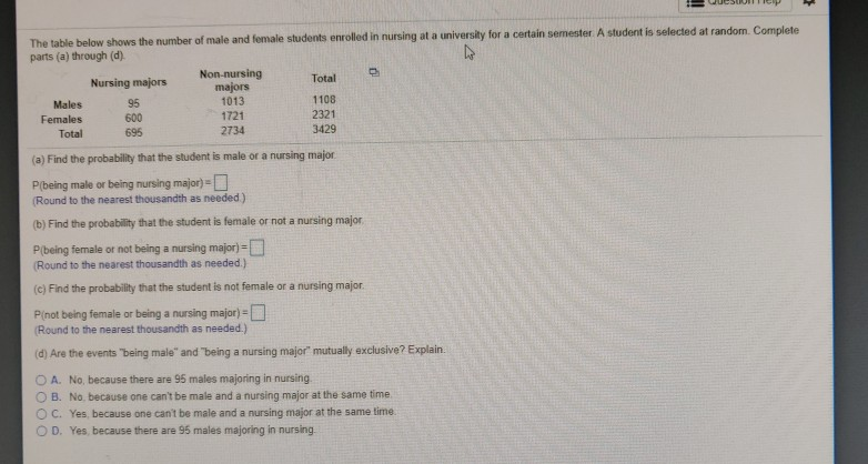 Solved The table below shows the number of male and female | Chegg.com