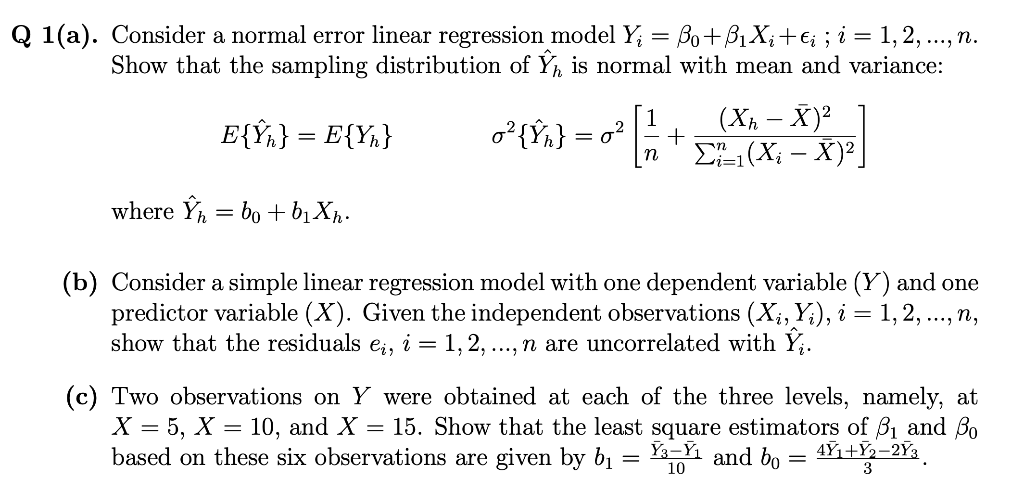 Q 1(a). Consider a normal error linear regression | Chegg.com