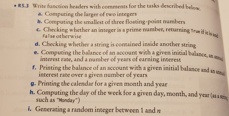 Solved R5.3 Write function headers with comments for the | Chegg.com