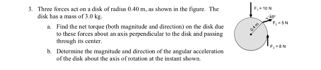Solved 3. F, 10 N Three forces act on a disk of radius 0.40 | Chegg.com