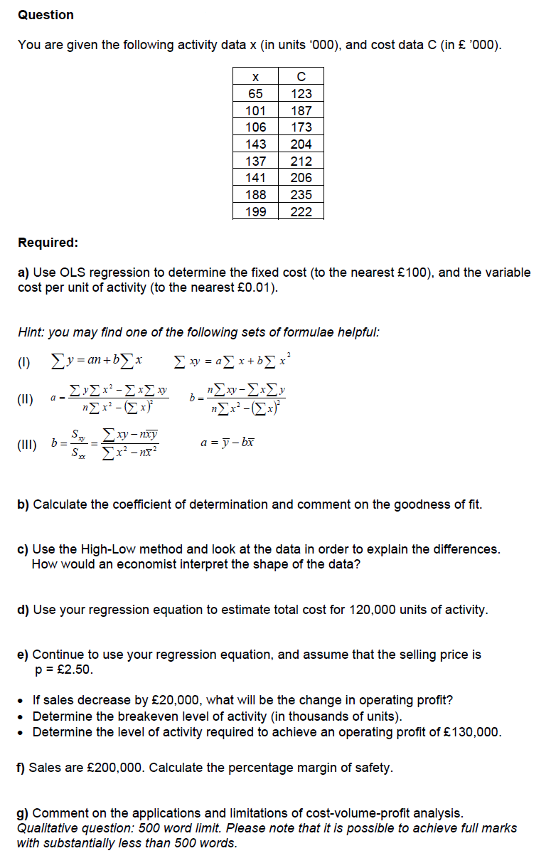 Solved Question You Are Given The Following Activity Data Chegg Com