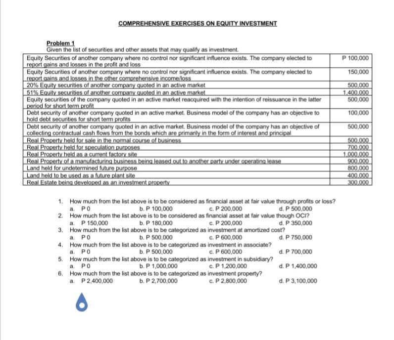 Solved COMPREHENSIVE EXERCISES ON EQUITY INVESTMENT P | Chegg.com