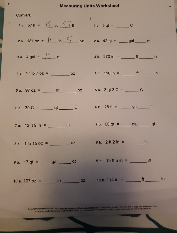 Solved Measuring Units Worksheet Convert. 12. 57 4 = 19 yd 5 | Chegg.com