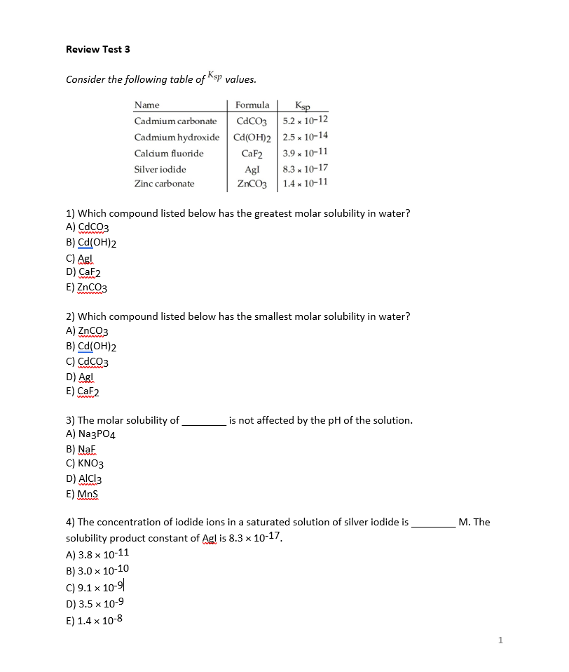 Solved Consider the following table of Ksp values. 1) Which | Chegg.com