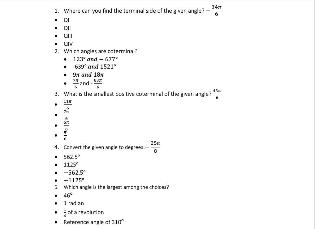 Solved . . 3411 1. Where can you find the terminal side of | Chegg.com