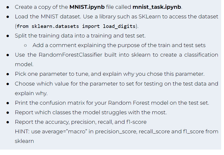 - Create a copy of the MNIST.ipynb file called mnist_task.ipynb.
- Load the MNIST dataset. Use a library such as SKLearn to a