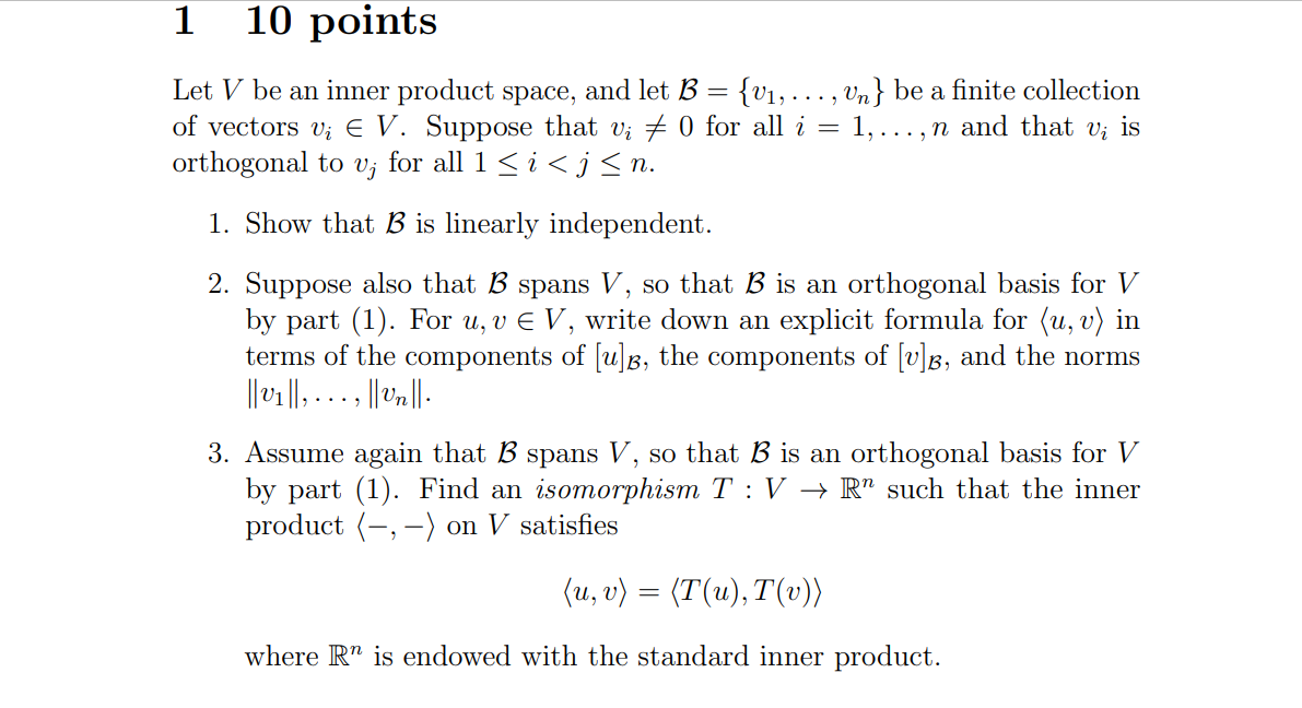 Solved 1 10 points Let V be an inner product space, and let | Chegg.com