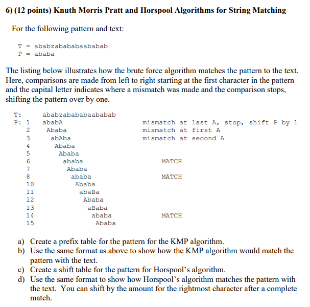 Solved 6) (12 points) Knuth Morris Pratt and Horspool | Chegg.com