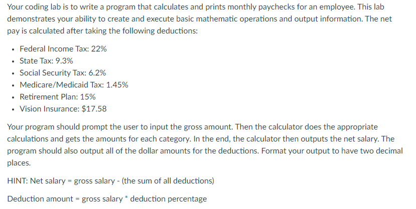 Solved Your coding lab is to write a program that calculates | Chegg.com