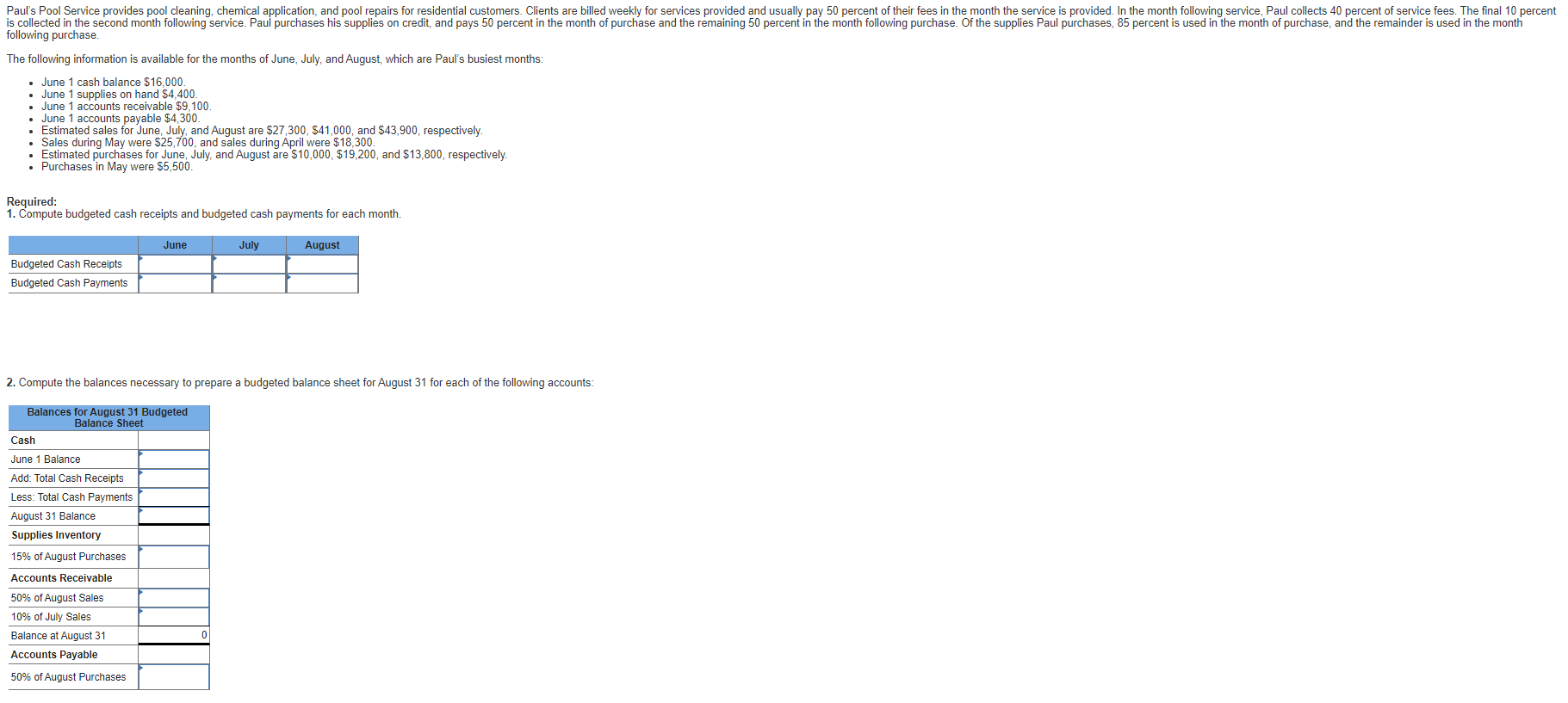 Solved Paul's Pool Service provides pool cleaning, chemical | Chegg.com