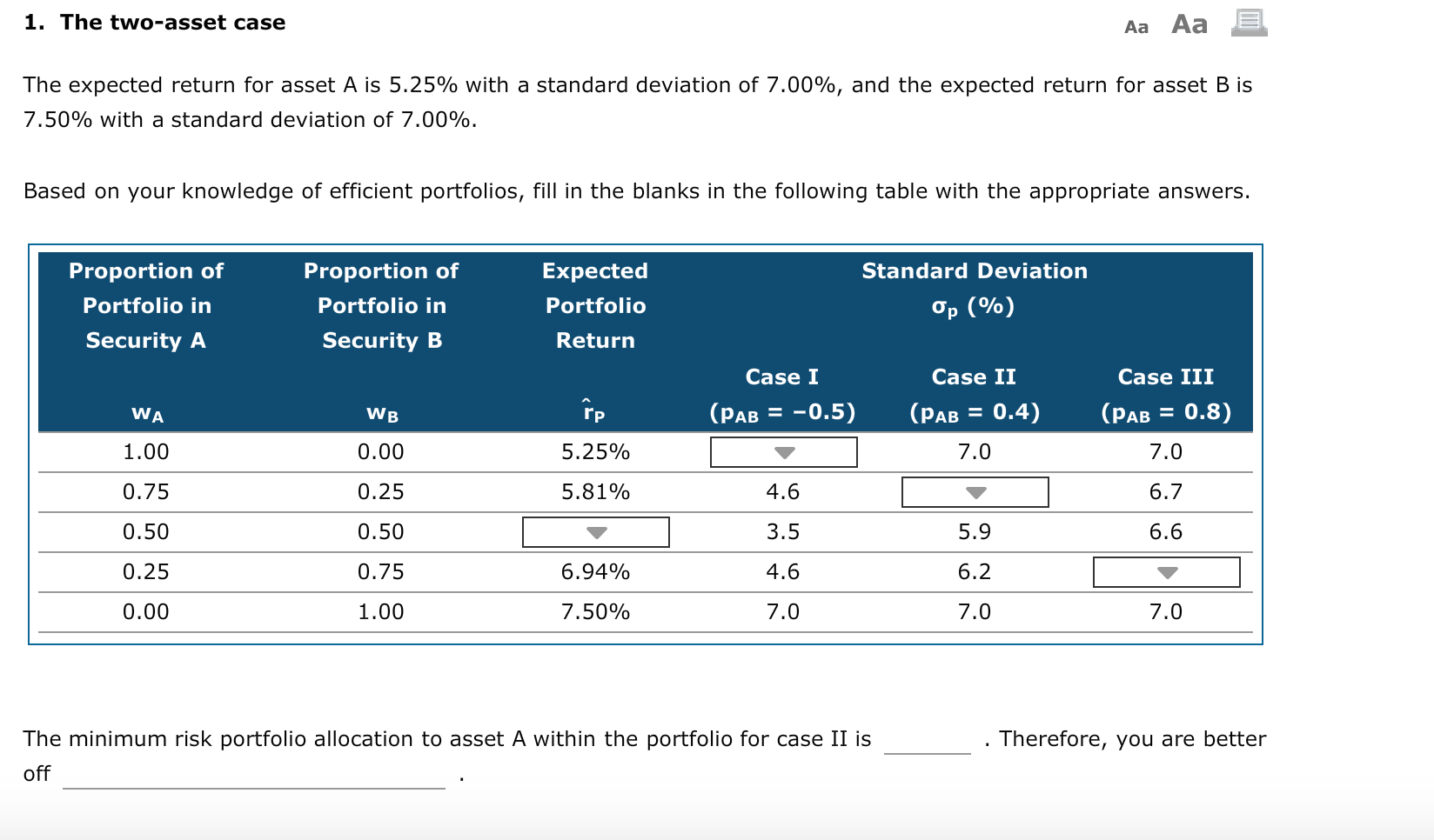 Two Asset Solved 1. The two-asset case Aa Aa The expected return for | Chegg.com
