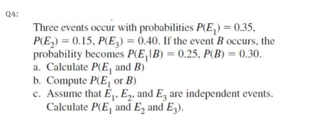 Solved Q4: Three events occur with probabilities P(E) = | Chegg.com