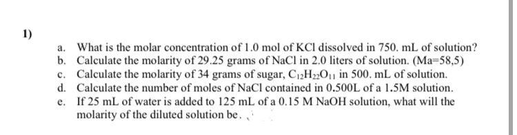 Solved 1) a. What is the molar concentration of 1.0 mol of | Chegg.com