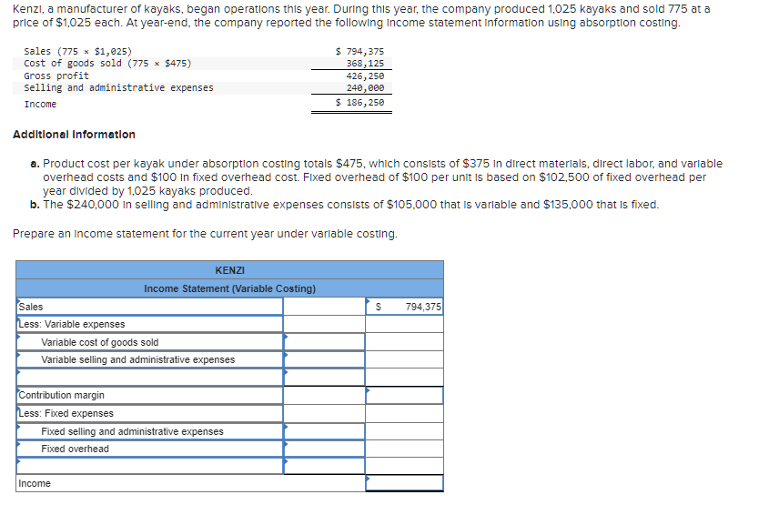 Solved Kenzl, a manufacturer of kayaks, began operations | Chegg.com