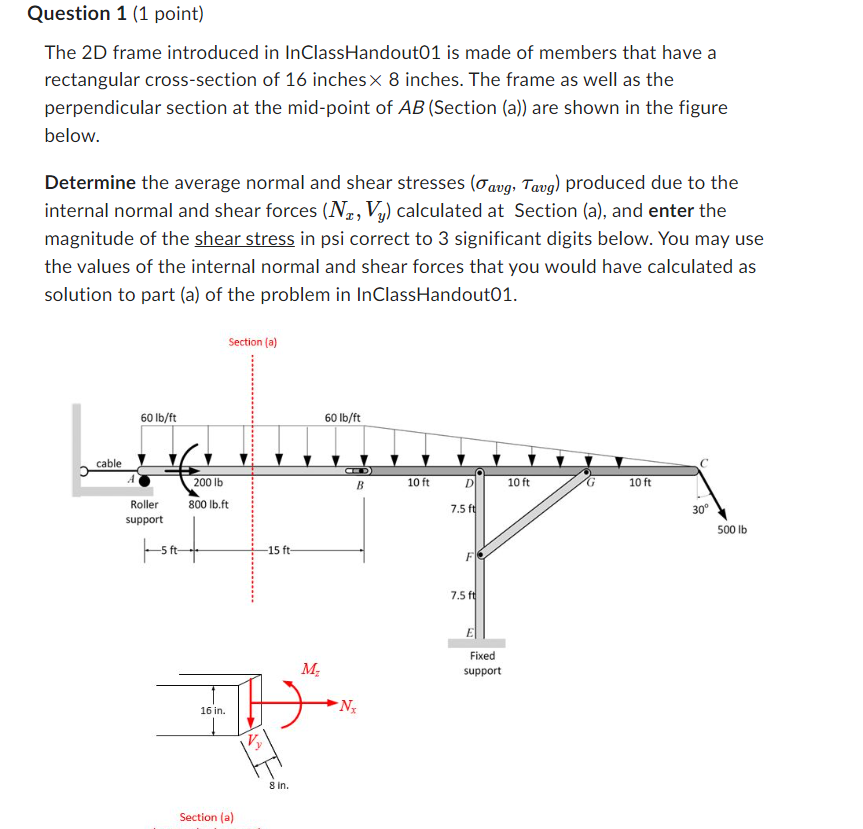 The 2D frame introduced in InClassHandout01 is made of members that have a rectangular cross-section of 16 inches \( \times 8