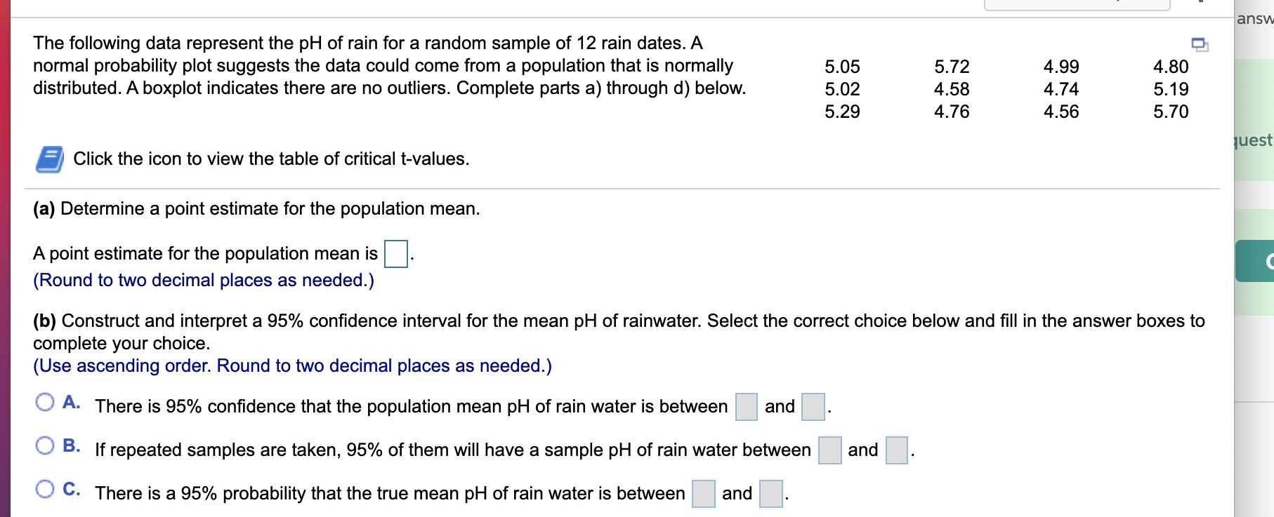 Solved answ . The following data represent the pH of rain