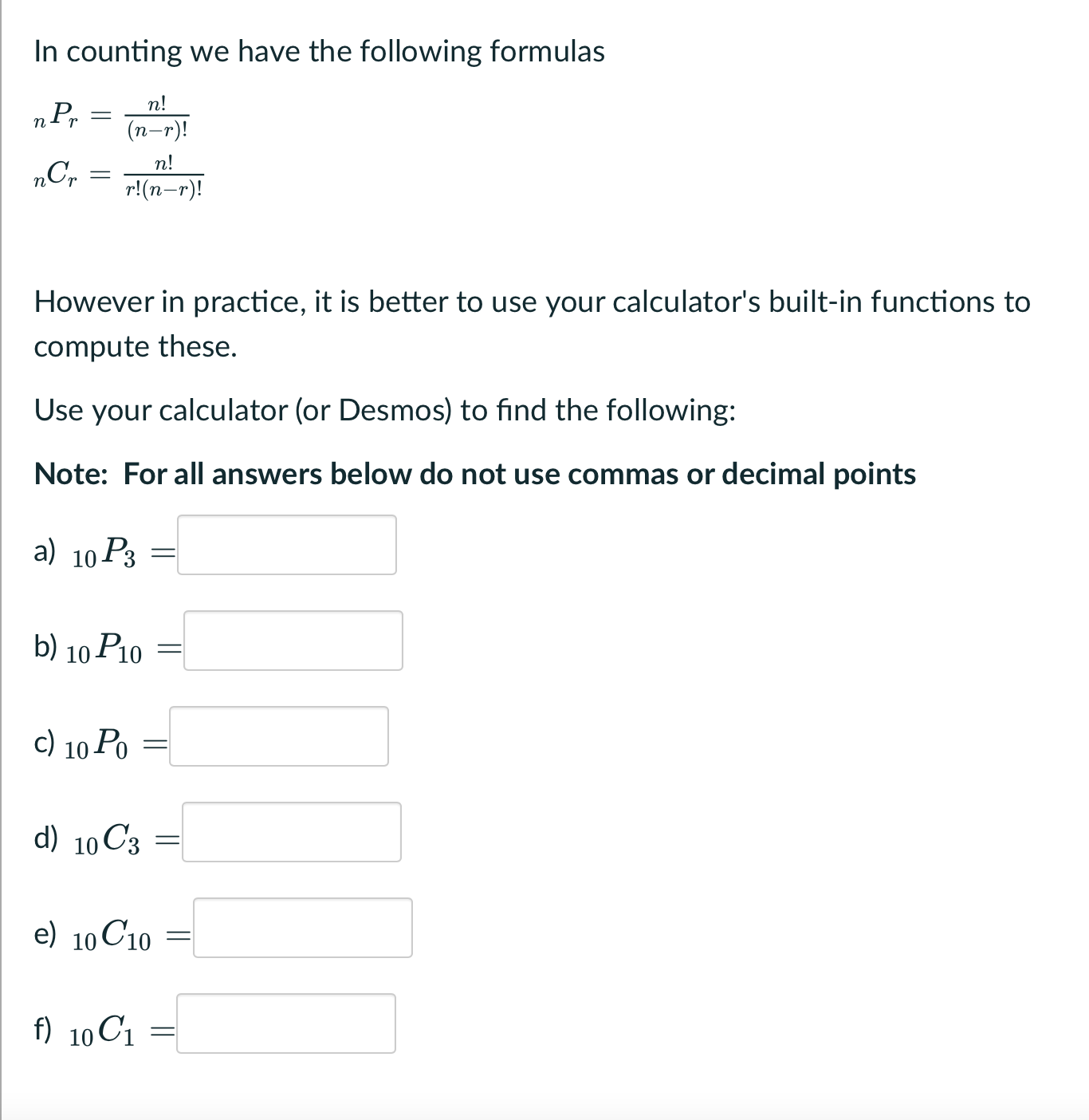 Solved In counting we have the following formulas | Chegg.com