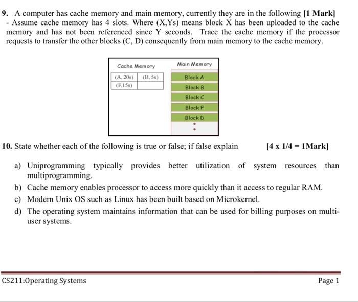 Solved 9. A Computer Has Cache Memory And Main Memory, | Chegg.com