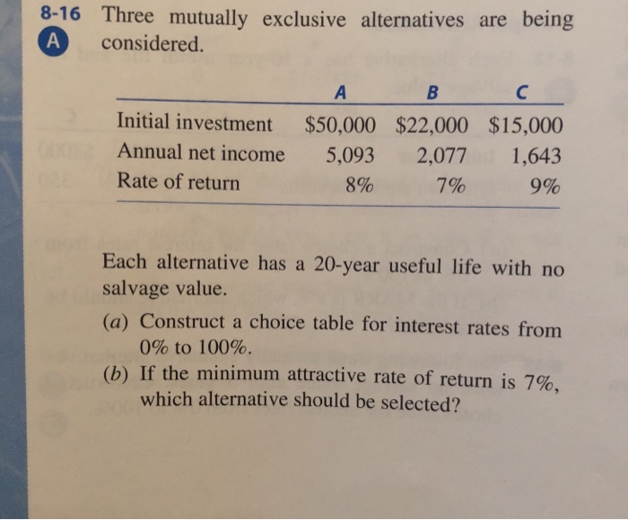 Solved 8-16 Three mutually exclusive alternatives are being | Chegg.com