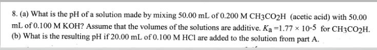 Solved 8. (a) What is the pH of a solution made by mixing | Chegg.com