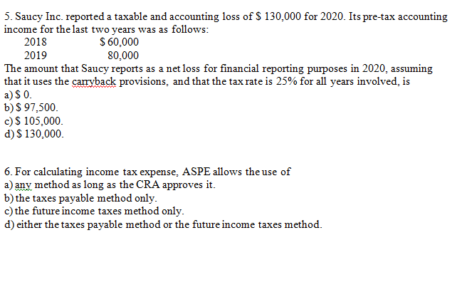 Solved 5. Saucy Inc. reported a taxable and accounting loss | Chegg.com