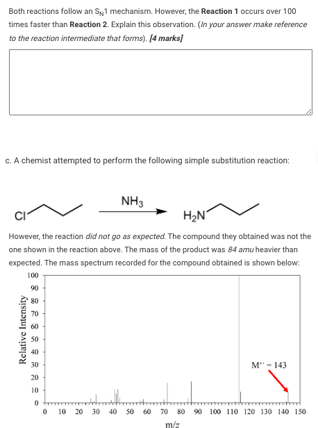 Both reactions follow an Sp1 mechanism. However, the Reaction 1 occurs over 100
times faster than Reaction 2. Explain this ob
