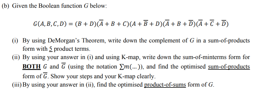 Solved Given the Boolean function G | Chegg.com