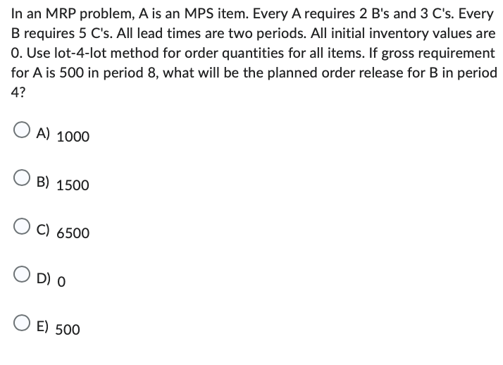 Solved In an MRP problem, A is an MPS item. Every A requires