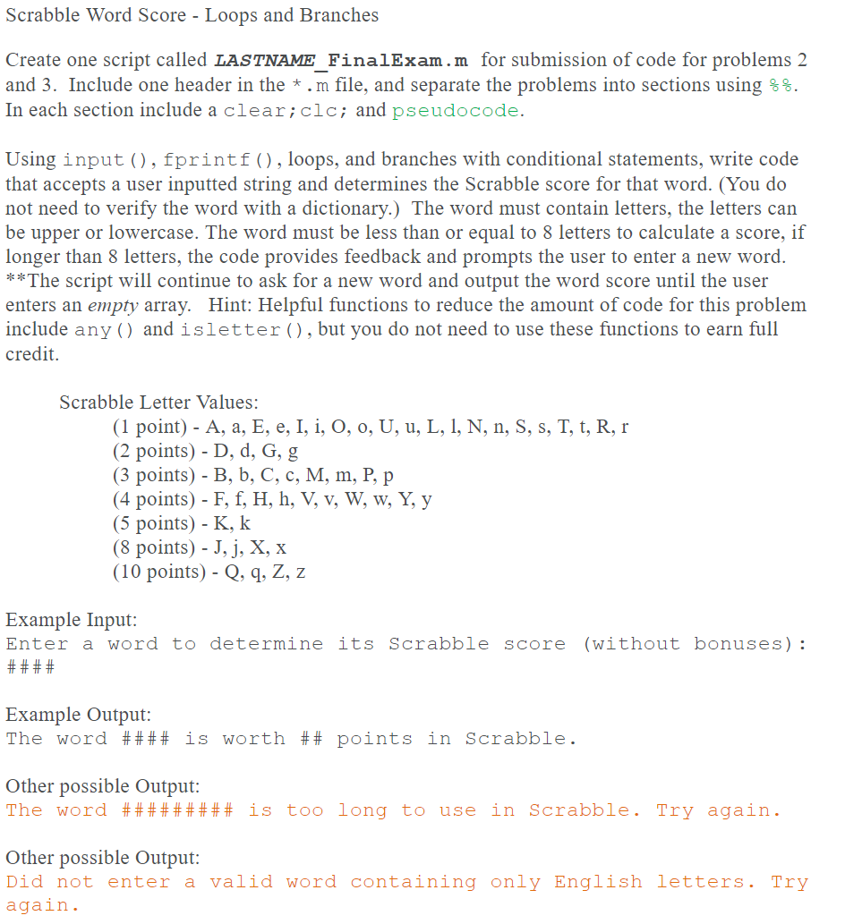 Solved Scrabble Word Score Loops And Branches Create On Chegg Com