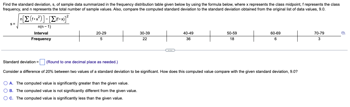 Solved Find the standard deviation, s, of sample data | Chegg.com