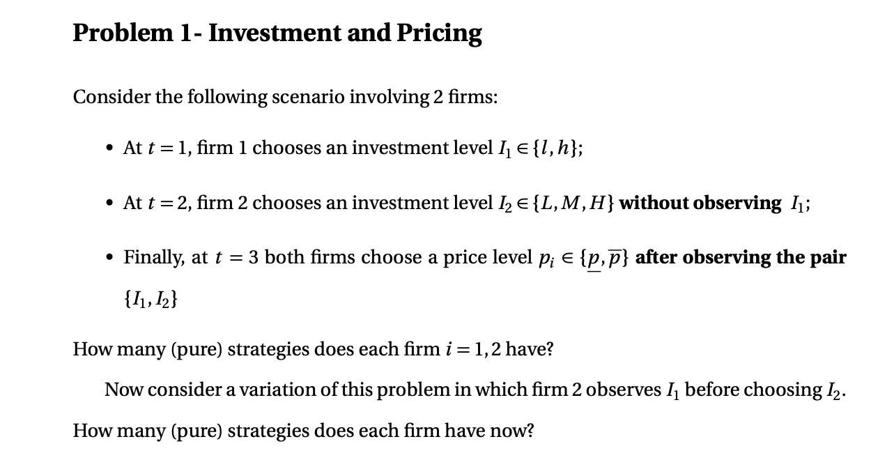 Solved Problem 1- Investment and Pricing Consider the | Chegg.com