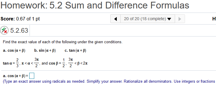 Solved Homework: 5.2 Sum and Difference Formulas 20 of 20 | Chegg.com