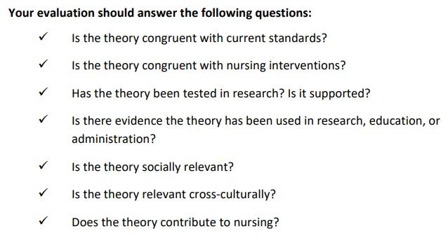 Your evaluation should answer the following questions: Is the theory congruent with current standards? Is the theory congruen