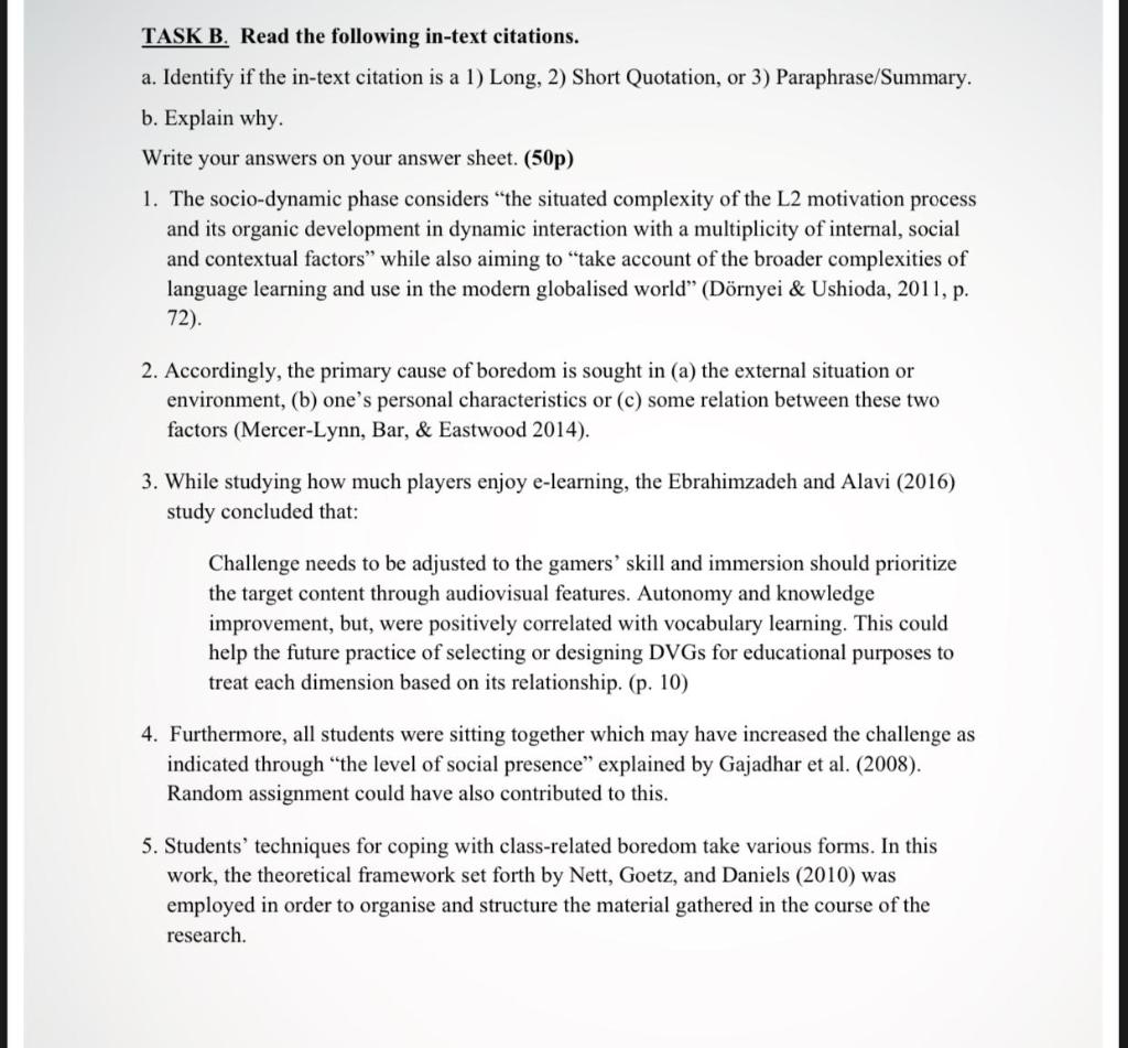 Solved Task B Read The Following In Text Citations A Chegg Com