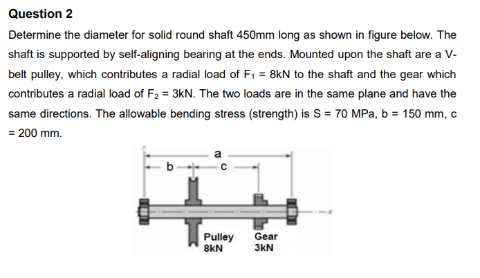 Determine the diameter for solid round shaft \( 450 \mathrm{~mm} \) long as shown in figure below. The shaft is supported by