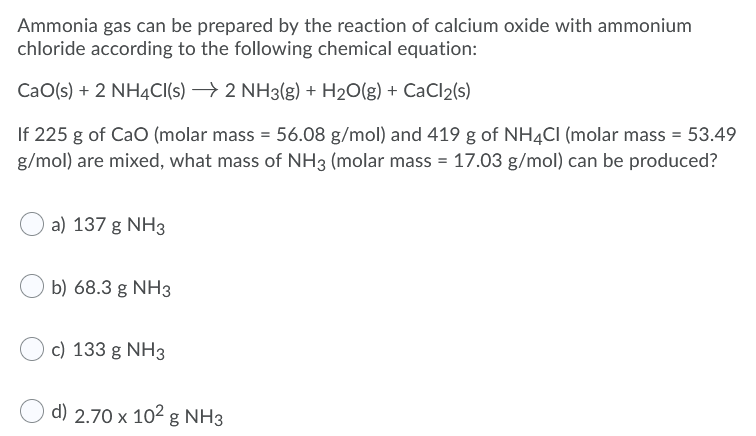 Solved Ammonia gas can be prepared by the reaction of | Chegg.com