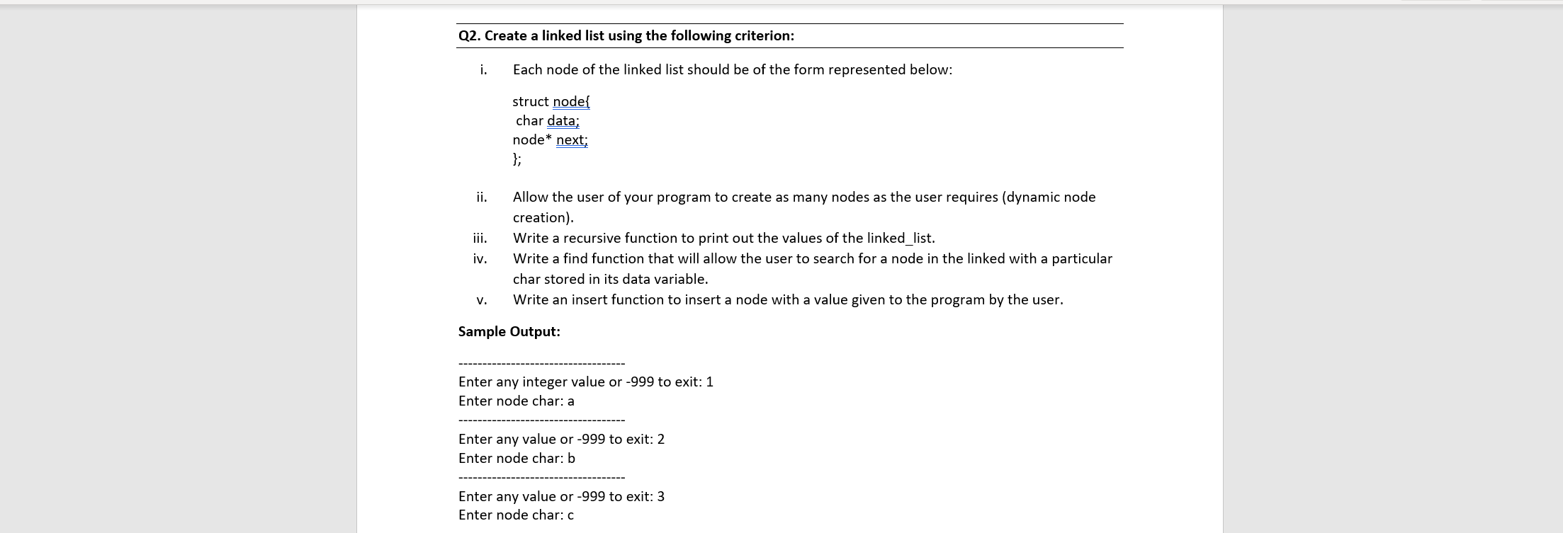 Solved Q2. Create a linked list using the following | Chegg.com