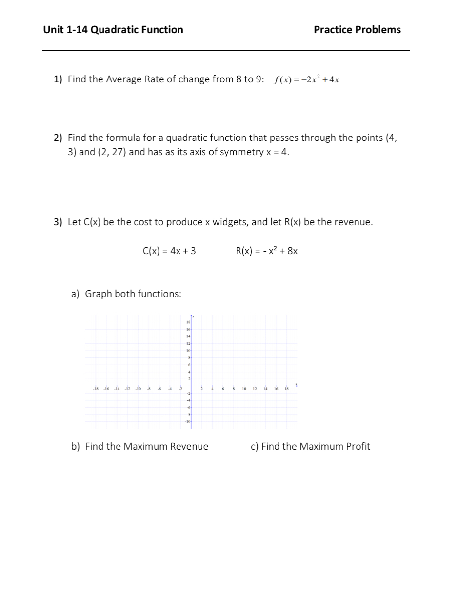 Solved Unit 1-14 Quadratic Function Practice Problems 1) | Chegg.com