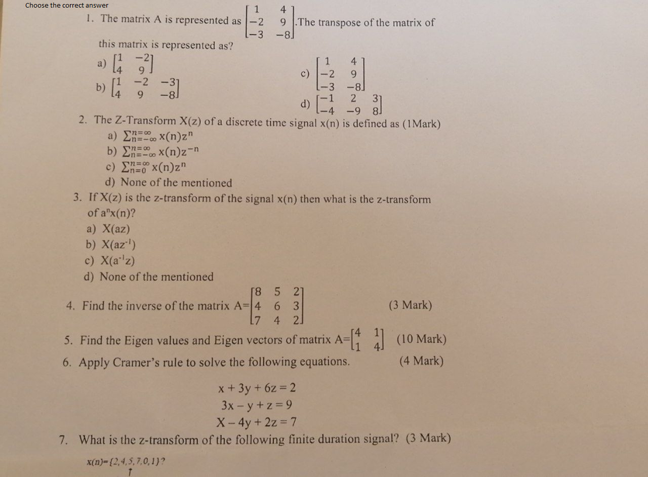 Solved Choose the correct answer 1 1. The matrix A is | Chegg.com