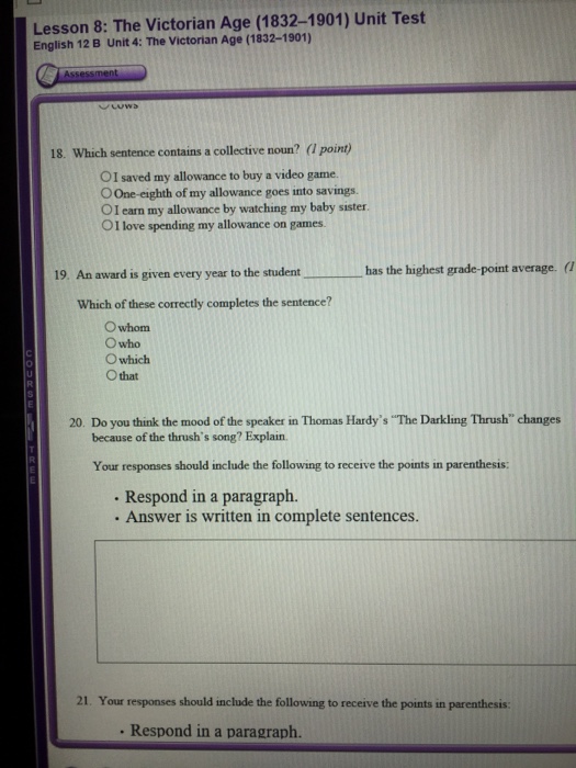 Lesson 8: The Victorian Age (1832-1901) Unit Test | Chegg.com