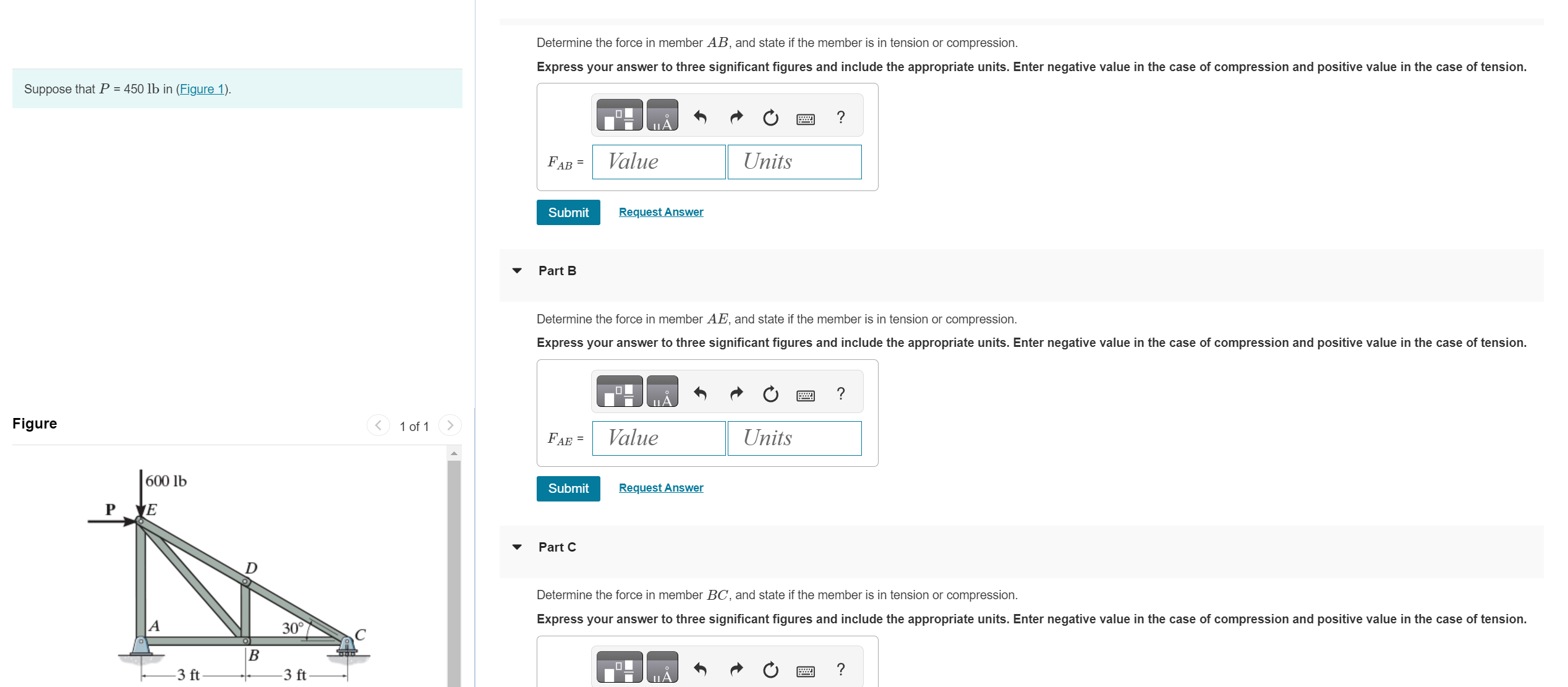 Solved Determine the force in member \( ﻿A B \), ﻿and state | Chegg.com