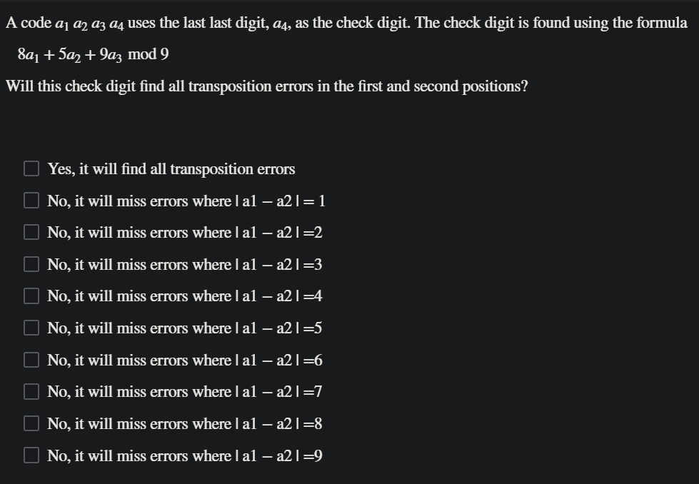 Solved A code a1a2a3a4 uses the last last digit, a4, as the | Chegg.com