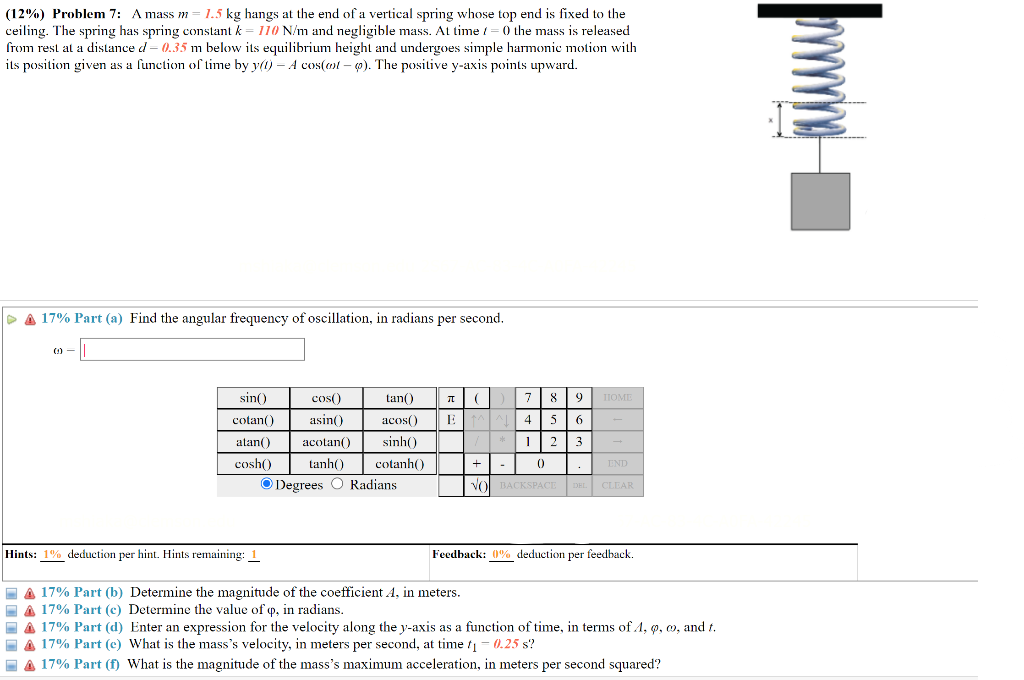 Solved (12\%) Problem 7: A mass m=1.5 kg hangs at the end of | Chegg.com