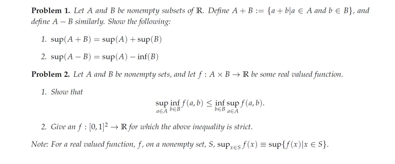 Solved Problem 1. Let A And B Be Nonempty Subsets Of R. | Chegg.com