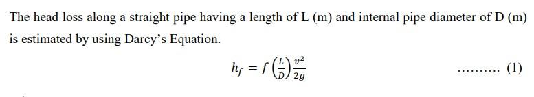 Solved The Head Loss Along A Straight Pipe Having A Length | Chegg.com
