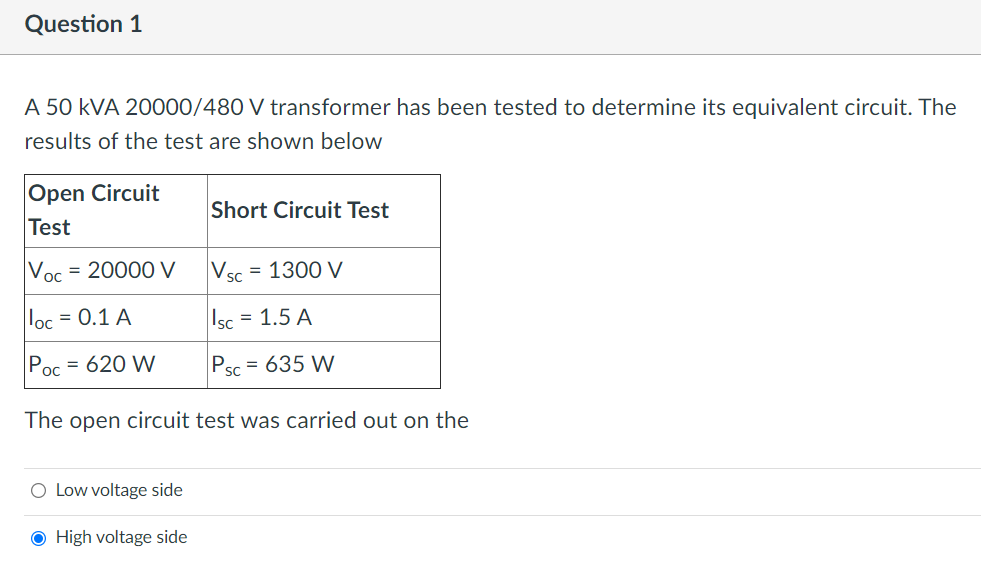 Solved Question 1 A 50 KVA 20000/480 V transformer has been | Chegg.com